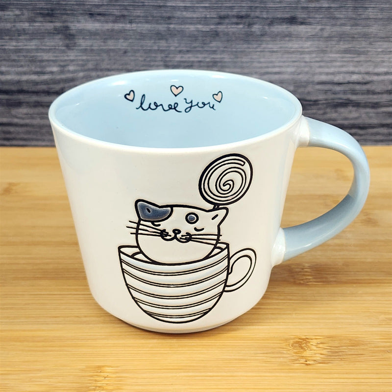 Load image into Gallery viewer, Cat Lover Coffee Mug Embossed Ceramic Tea Cup Blue Sky “Love You" inside 17oz