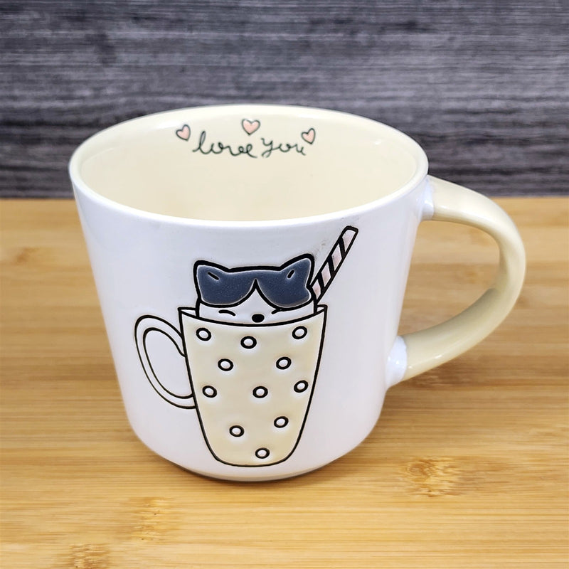 Load image into Gallery viewer, Yellow Cat Lover Coffee Mug Embossed Ceramic Tea Cup Blue Sky “Love You" inside