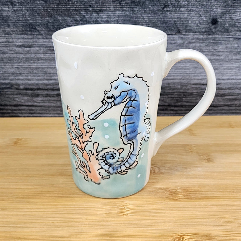 Load image into Gallery viewer, Whimsical Seahorse Coffee Mug Marine Ocean Coral Life Cup Blue Sky Ceramic 18 oz