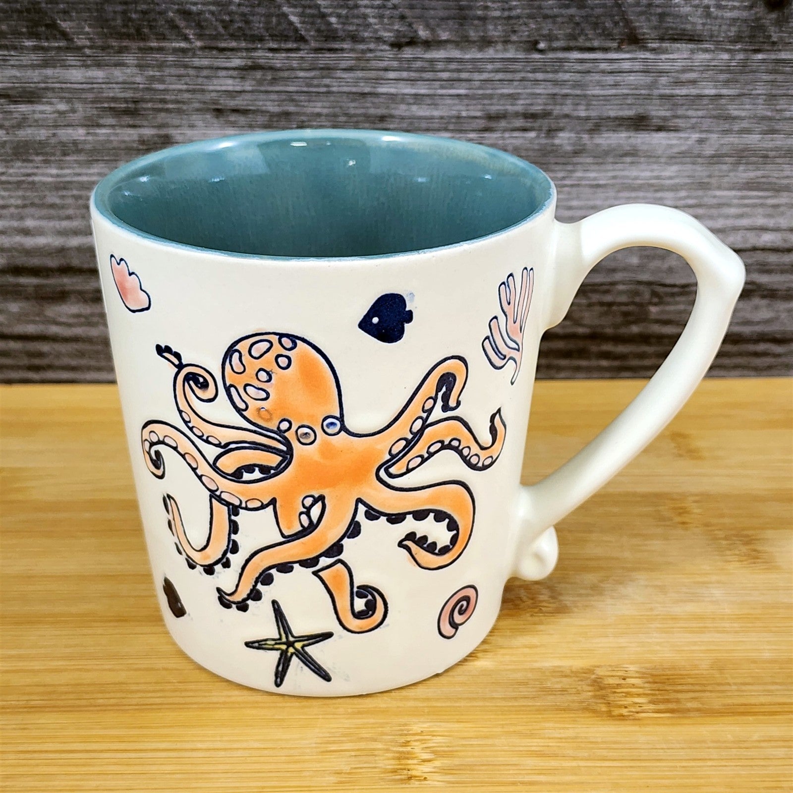 Whimsical Fish Coffee Mug Sea Creatures Ceramic Embossed 18oz Tea Cup Blue Sky