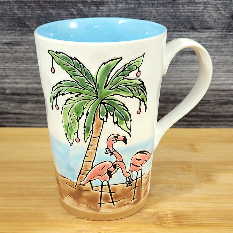 Load image into Gallery viewer, Holiday Flamingo and Palm Tree Coffee Mug Ceramic Beach Tropical Cup Blue Sky