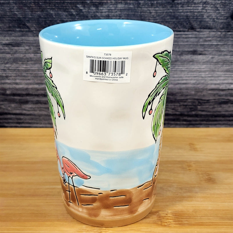 Load image into Gallery viewer, Holiday Flamingo and Palm Tree Coffee Mug Ceramic Beach Tropical Cup Blue Sky