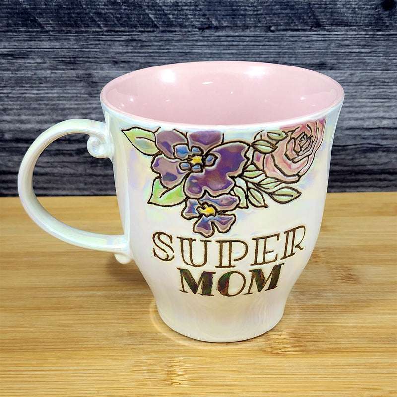 Load image into Gallery viewer, Floral Super Mom Coffee Mug Ceramic Luster White Cup Pink Purple Blue Sky 17oz