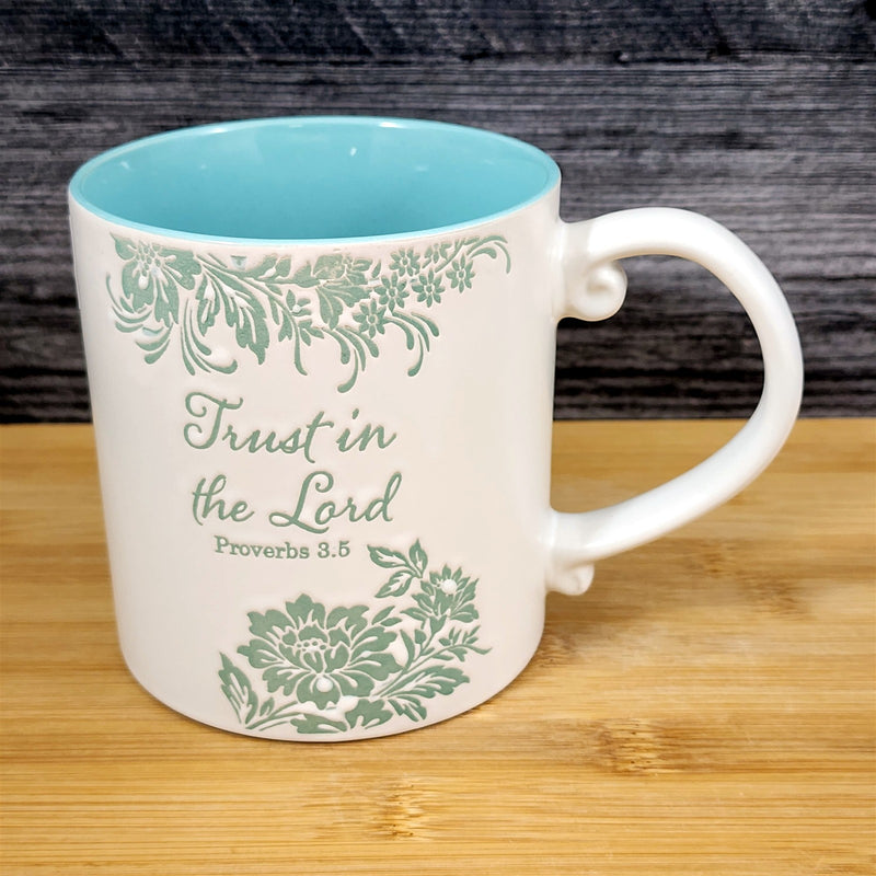 Load image into Gallery viewer, Religious Proverbs 3:5 Inspiration Coffee Mug Embossed Tea Cup by Blue Sky