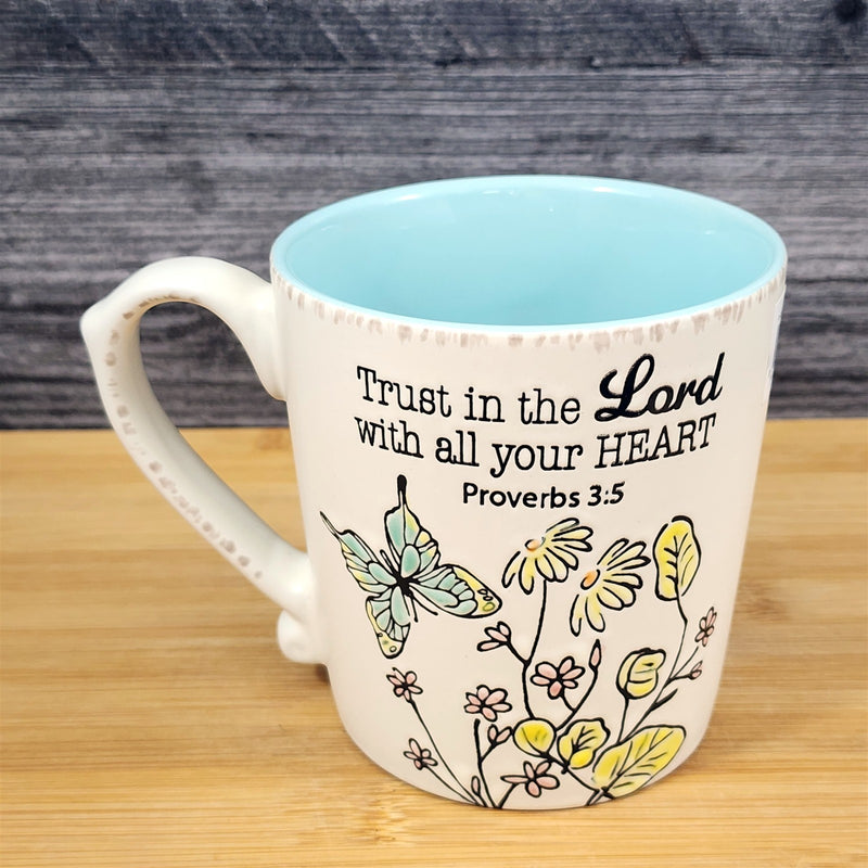 Load image into Gallery viewer, Religious Proverbs 3:5 Inspiration Floral and Butterfly Coffee Mug Cup Blue Sky