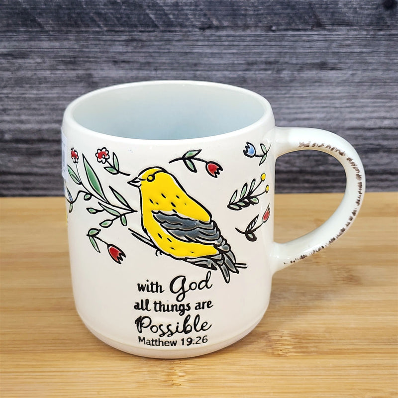 Load image into Gallery viewer, Religious Matthew 19:26 Inspiration Coffee Mug Floral Yellow Bird Cup Blue Sky