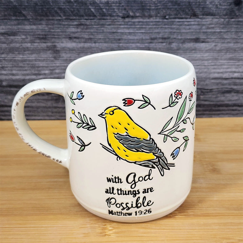 Load image into Gallery viewer, Religious Matthew 19:26 Inspiration Coffee Mug Floral Yellow Bird Cup Blue Sky