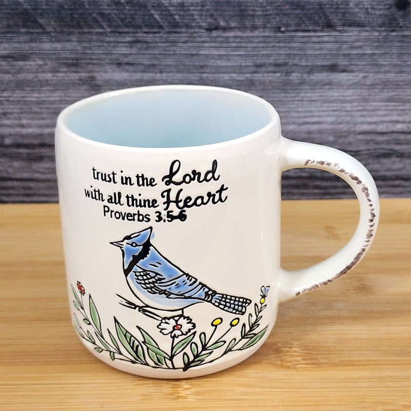 Load image into Gallery viewer, Religious Proverbs 3:5-6 Inspiration Coffee Mug Floral Blue Jay Cup Blue Sky