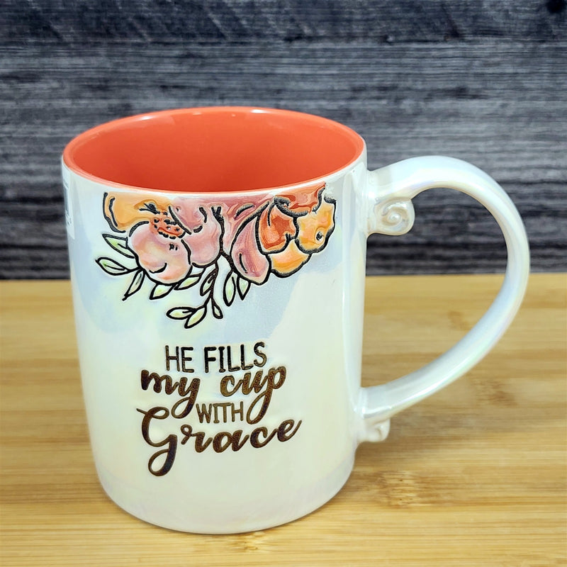 Load image into Gallery viewer, Faith & Flowers Coffee Mug Cup "He Fills My Cup W/Grace" Luster Glaze Blue Sky