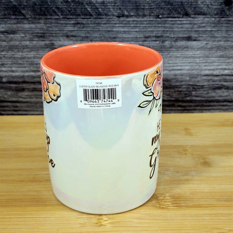 Load image into Gallery viewer, Faith & Flowers Coffee Mug Cup "He Fills My Cup W/Grace" Luster Glaze Blue Sky