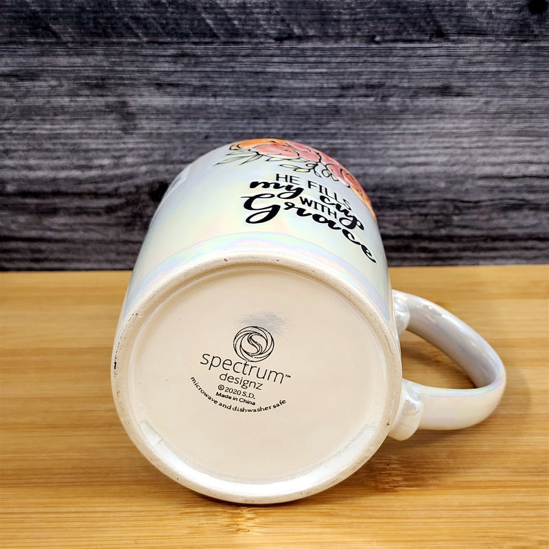 Load image into Gallery viewer, Faith & Flowers Coffee Mug Cup "He Fills My Cup W/Grace" Luster Glaze Blue Sky
