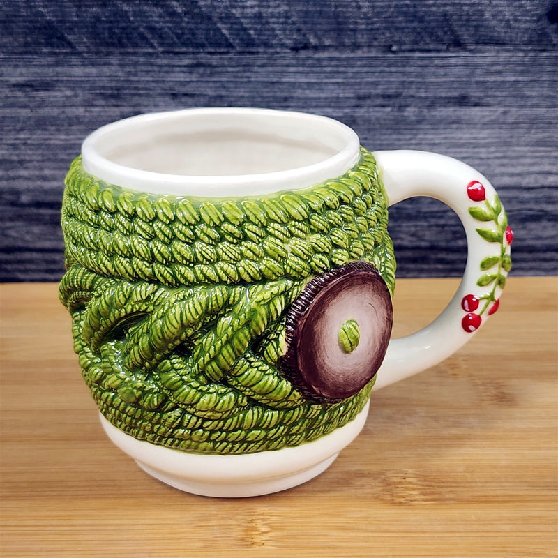 Load image into Gallery viewer, Green Knit Design with Button Mug and Cherry Handle Tea Cup Ceramic by Blue Sky