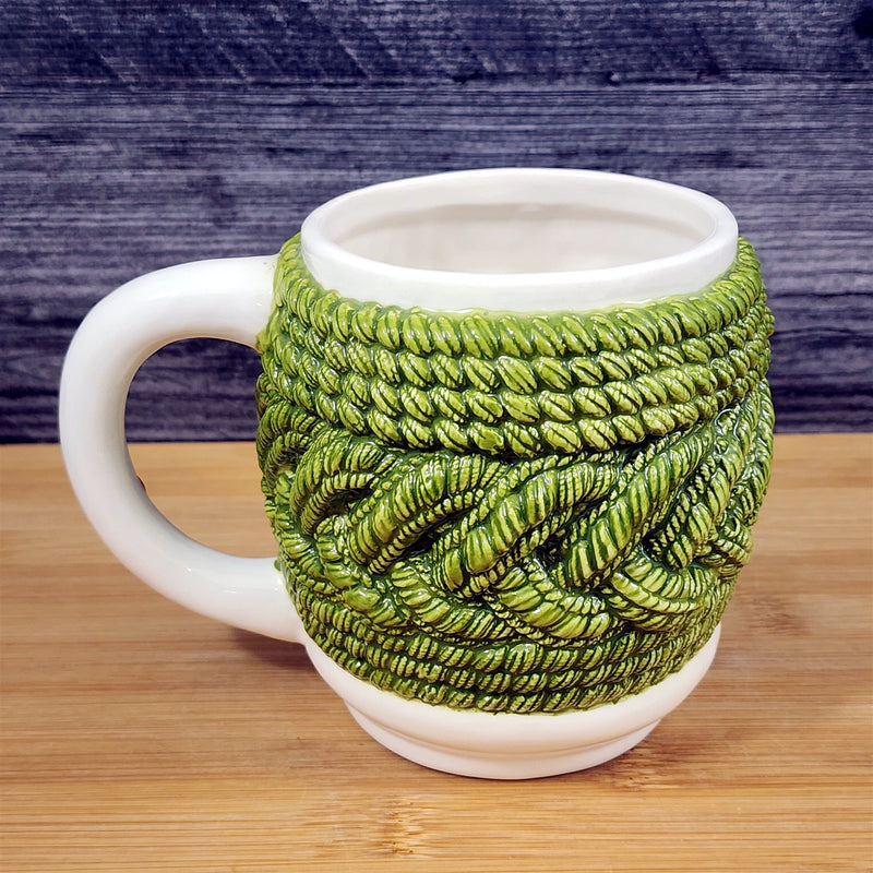 Load image into Gallery viewer, Green Knit Design with Button Mug and Cherry Handle Tea Cup Ceramic by Blue Sky