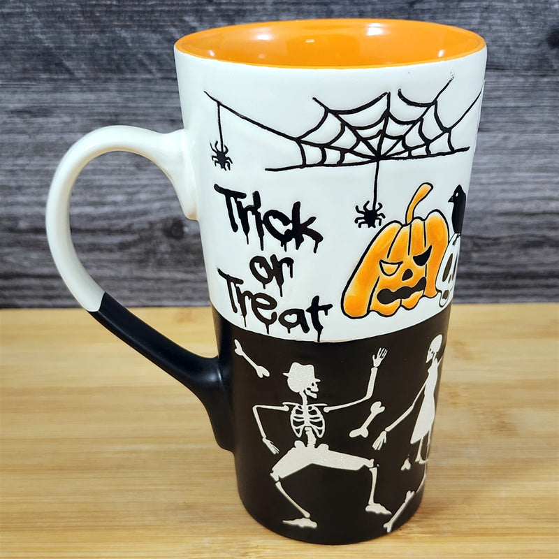 Load image into Gallery viewer, Halloween Mug Trick Treat Pumpkin Spider Skeleton Spooky Cup Ceramic Blue Sky