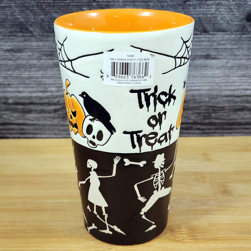 Load image into Gallery viewer, Halloween Mug Trick Treat Pumpkin Spider Skeleton Spooky Cup Ceramic Blue Sky