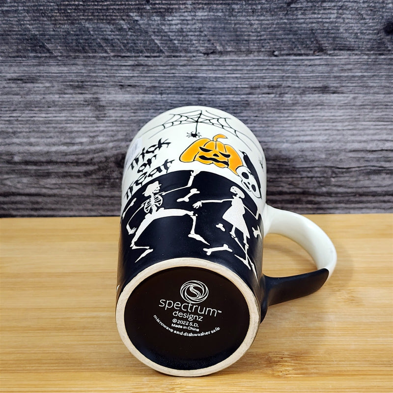 Load image into Gallery viewer, Halloween Mug Trick Treat Pumpkin Spider Skeleton Spooky Cup Ceramic Blue Sky
