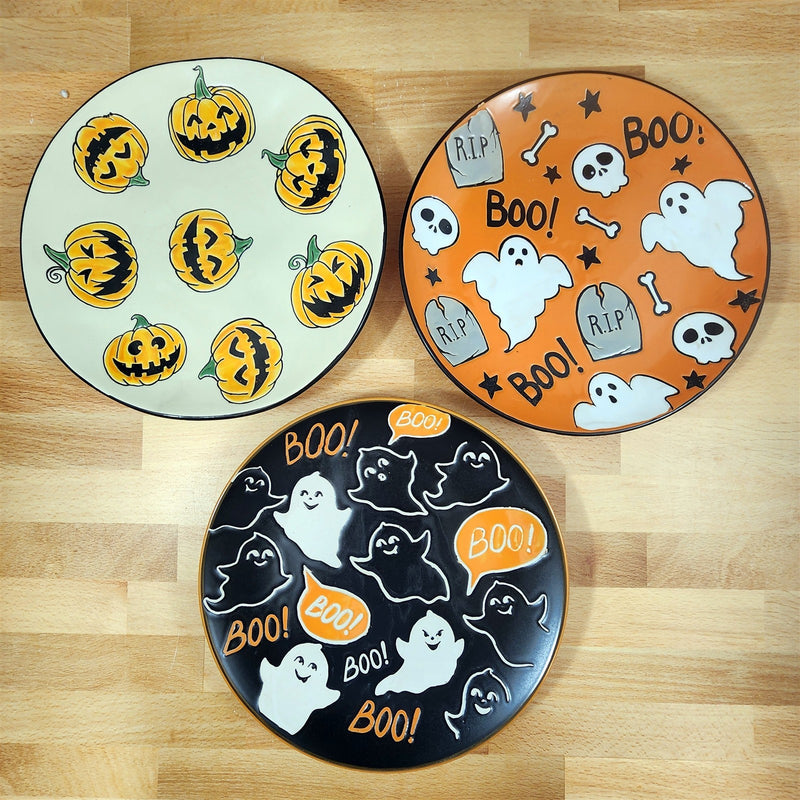 Load image into Gallery viewer, Halloween Set of 3 Round Ceramic Décor Plate 8" Orange & Black by Blue Sky