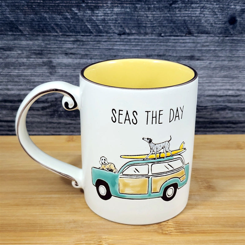Load image into Gallery viewer, Beach Bum Dogs Coffee Mug Yellow Ceramic Embossed Cup Retro Van Surfing Blue Sky