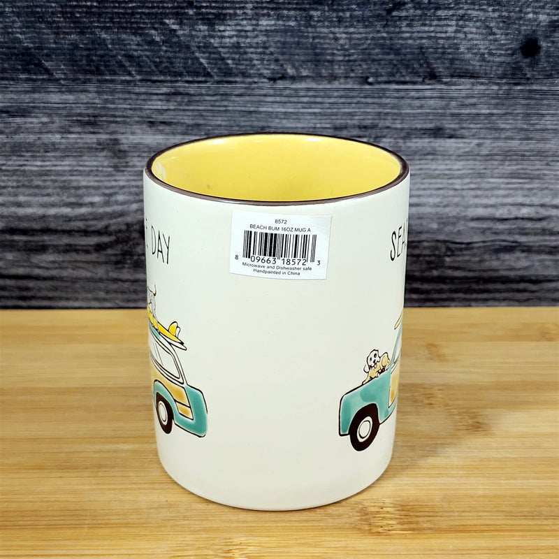 Load image into Gallery viewer, Beach Bum Dogs Coffee Mug Yellow Ceramic Embossed Cup Retro Van Surfing Blue Sky