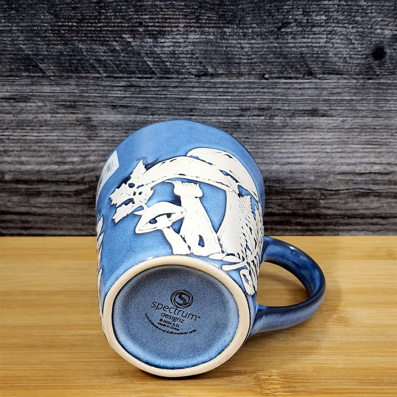 Load image into Gallery viewer, Toadstool Mushroom Coffee Mug Ceramic Tea Cup Embossed Botanical Blue Sky 17oz