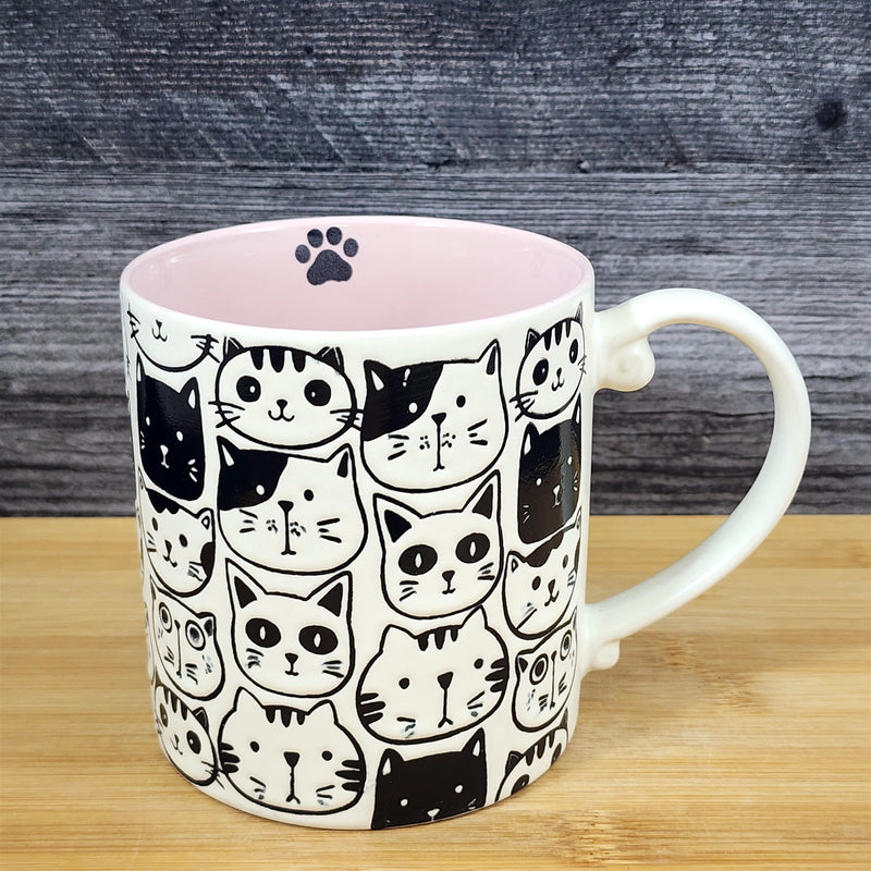 Load image into Gallery viewer, Kitty Cat Faces Coffee Mug Tea Cup Pink Inside Ceramic Embossed by Blue Sky 21oz