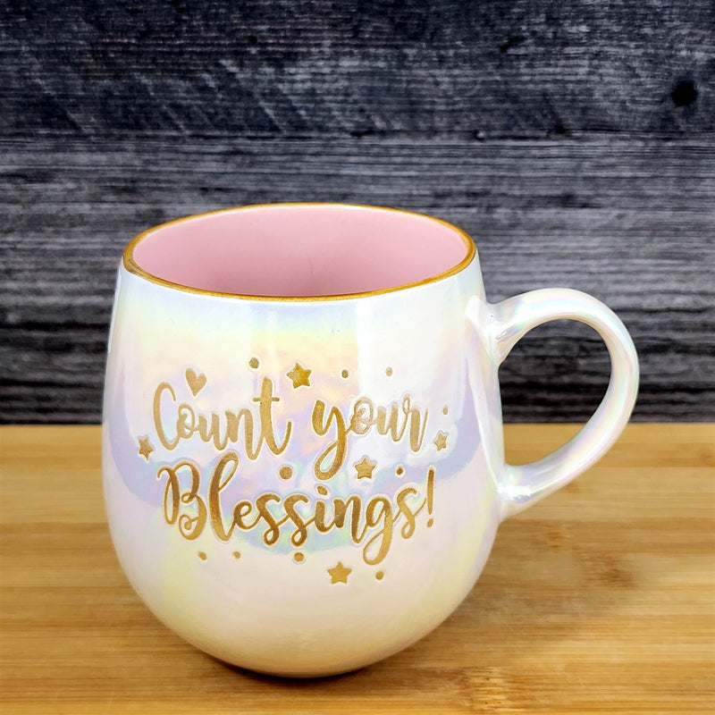 Load image into Gallery viewer, Count Your Blessings Faith Coffee Mug Cup Luster Glaze Blue Sky Pink Inside 21oz