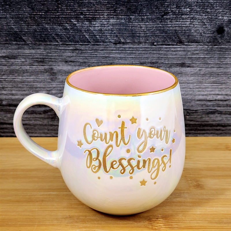 Load image into Gallery viewer, Count Your Blessings Faith Coffee Mug Cup Luster Glaze Blue Sky Pink Inside 21oz