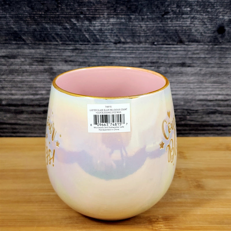 Load image into Gallery viewer, Count Your Blessings Faith Coffee Mug Cup Luster Glaze Blue Sky Pink Inside 21oz
