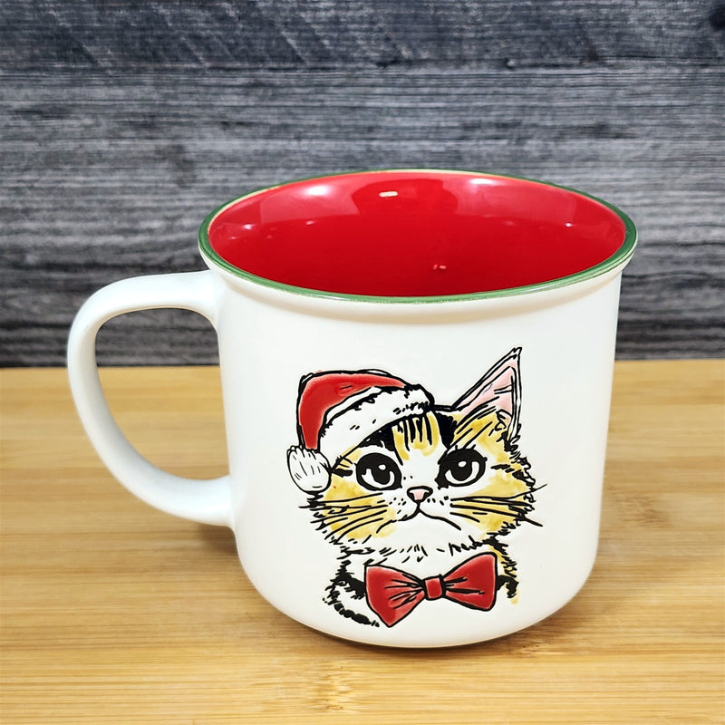 Load image into Gallery viewer, Holiday Cat Coffee Mug Embossed Ceramic Tea Cup Red inside 18 oz Blue Sky