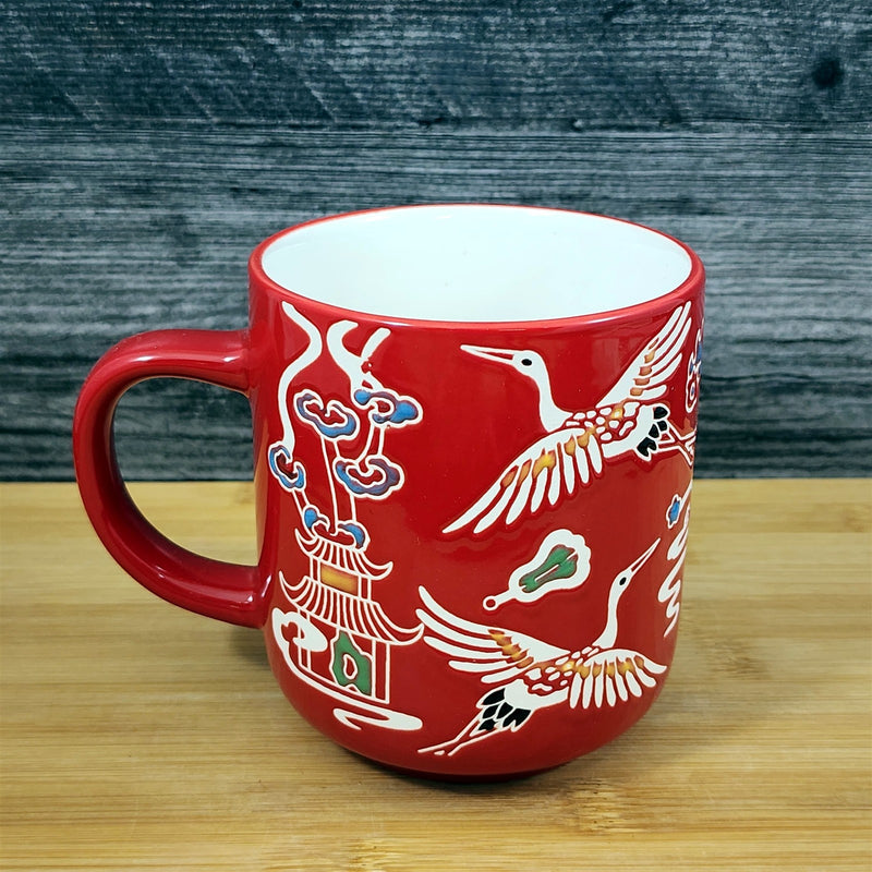 Load image into Gallery viewer, Chinese-Style Red Mug White Geese Design Coffee Tea Cup Ceramic Blue Sky 17oz