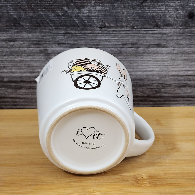 Load image into Gallery viewer, Easter Basket Coffee Mug Bunny and Cart Ceramic Tea Cup Yellow Blue Sky 14oz