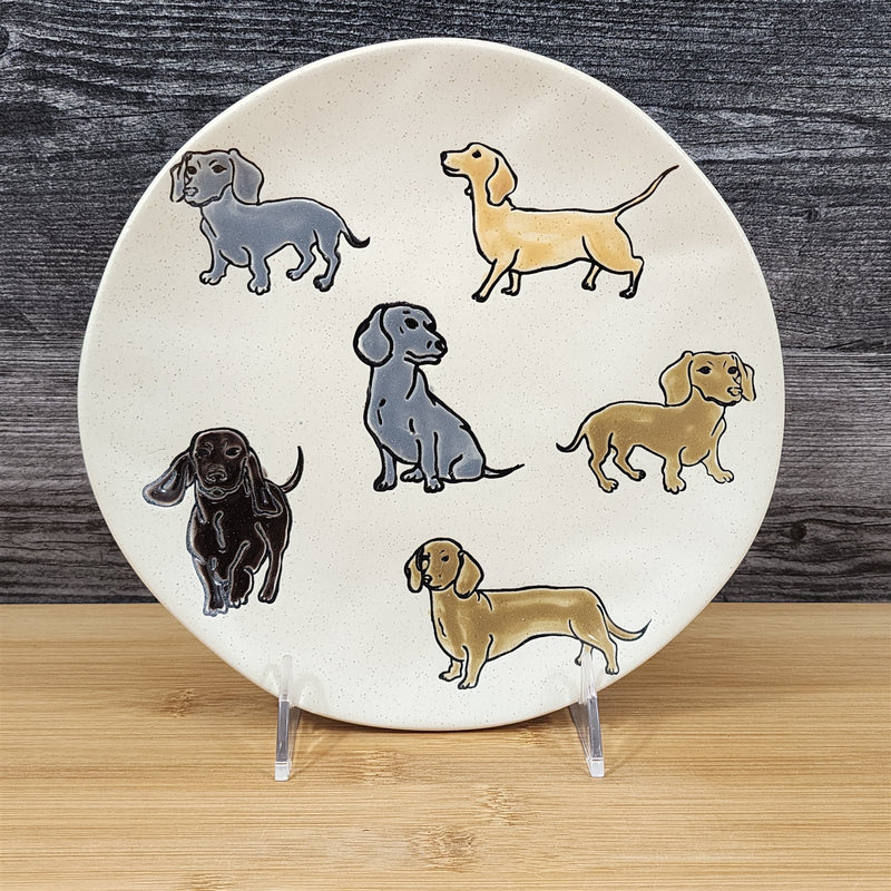 Load image into Gallery viewer, Dachshund Wiener Dog Plate Embossed Ceramic Doxie Serving Tray 8" Blue Sky