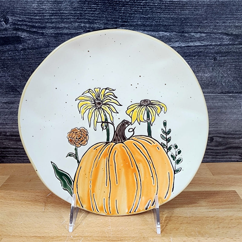 Load image into Gallery viewer, Harvest Autumn Pumpkin Plate Embossed Round Serving Tray Ceramic Blue Sky 8"
