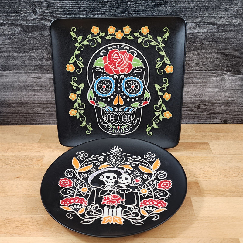 Load image into Gallery viewer, Day of the Dead Salad Plate Set Sugar Skull Embossed Ceramic by Blue Sky 8"