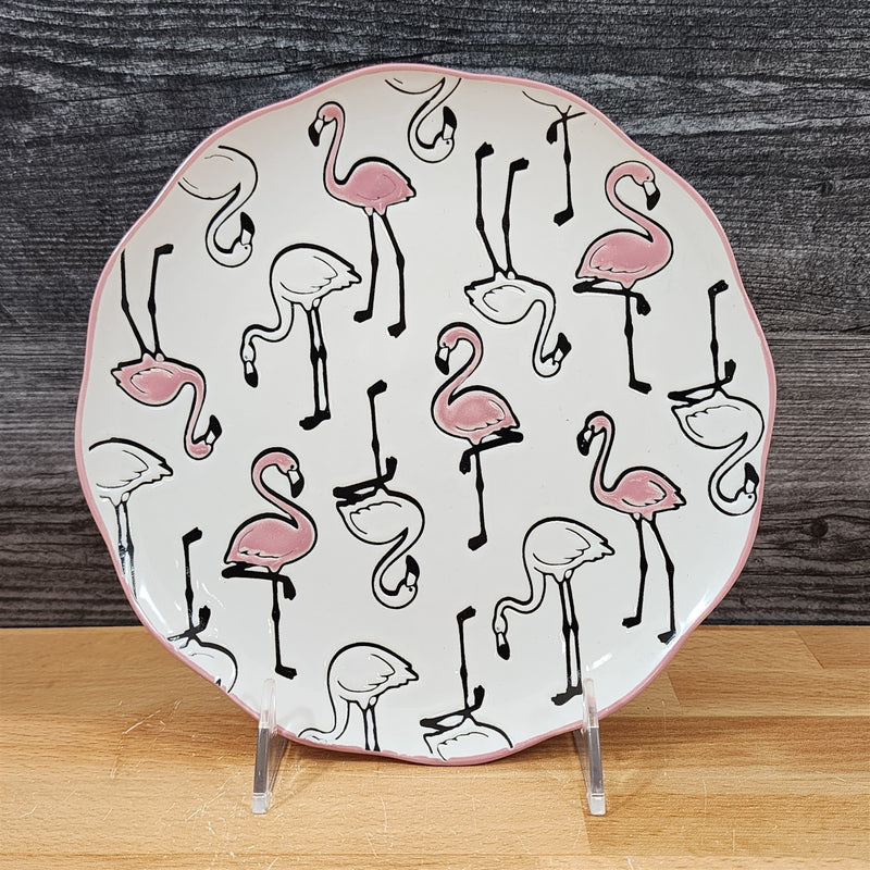 Load image into Gallery viewer, Pink Flamingo Salad Plate Set of 2 Whimsical Repeat Embossed Ceramic Blue Sky