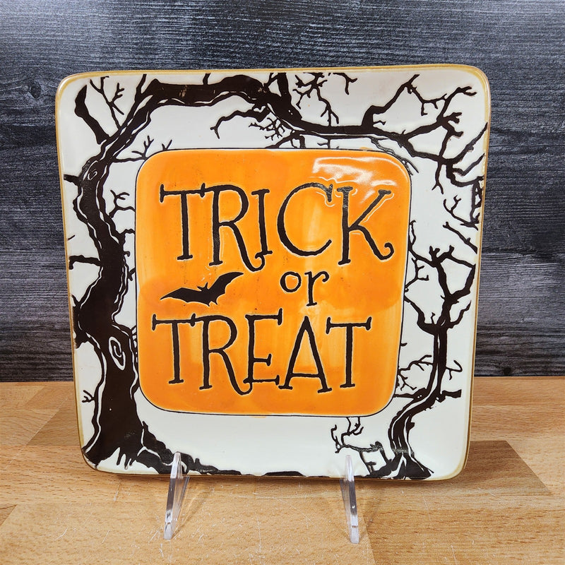 Load image into Gallery viewer, Halloween Set of 3 Orange Black Plates Embossed Ceramic 9" Square ELI + ANA