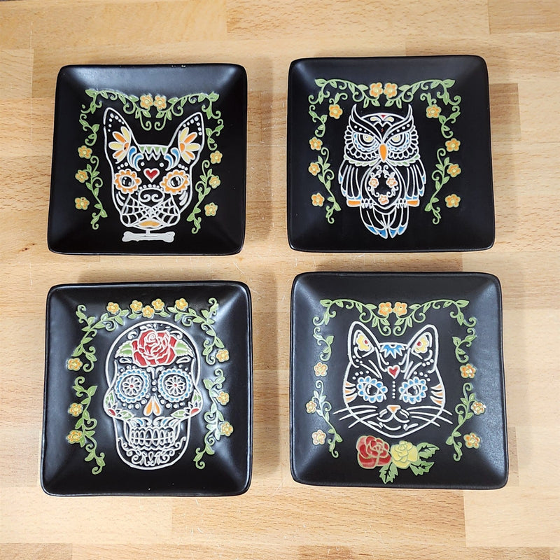 Load image into Gallery viewer, Day of the Dead Appetizer Plates Set Sugar Skull Appy Ceramic by ELI + ANA 6"