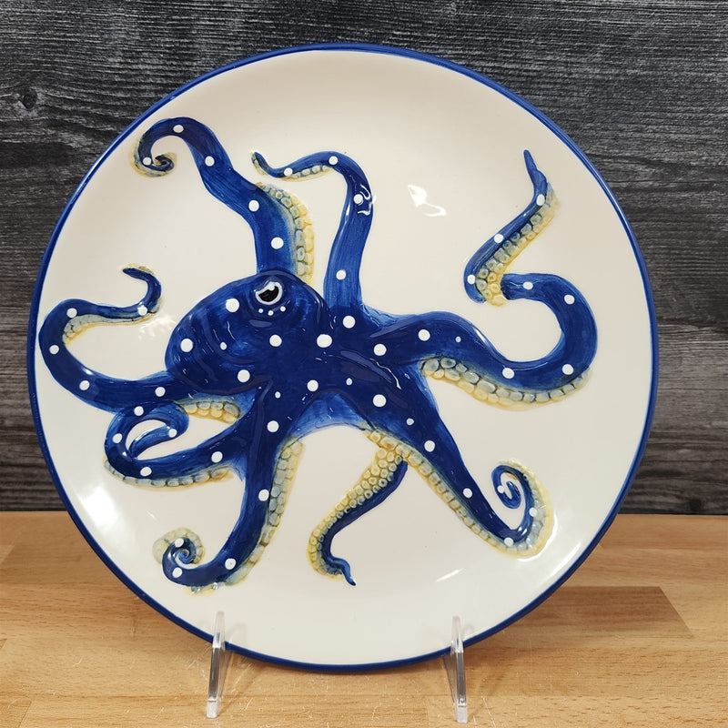Load image into Gallery viewer, Blue Octopus Dinner Plate Embossed Ceramic 10.5" Sea Nautical Blue Sky Goldminc