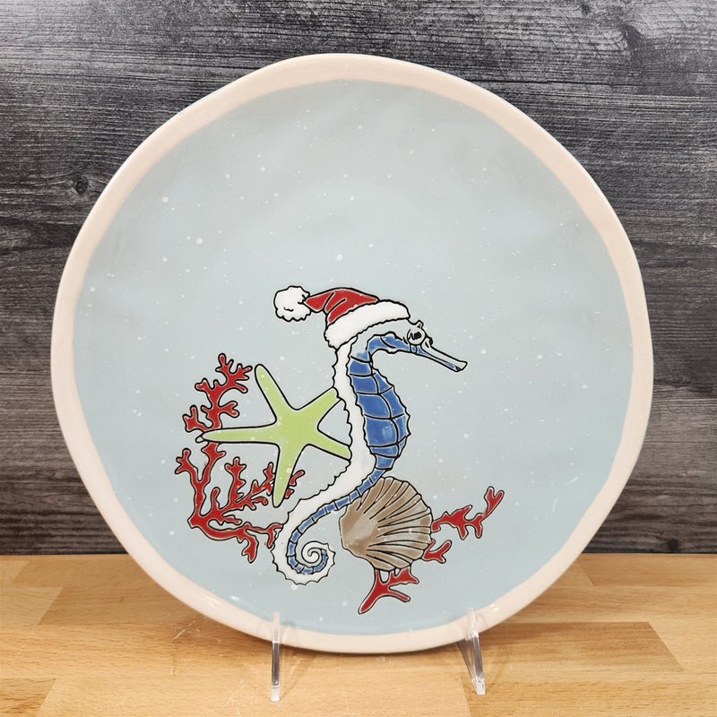 Load image into Gallery viewer, Tide of Festive Delights Dinner Plate Seahorse Embossed Ceramic 11" Blue Sky