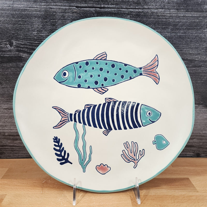Load image into Gallery viewer, Finn and Fish Dinner Plate Whimsical Embossed Ceramic 10 Sea Nautical Blue Sky