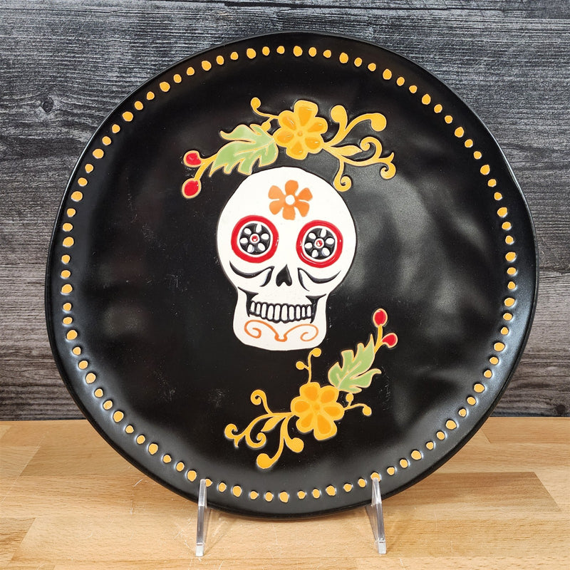 Load image into Gallery viewer, Sugar Skull Dinner Plate Day of the Dead Halloween Embossed Ceramic 11" Blue Sky