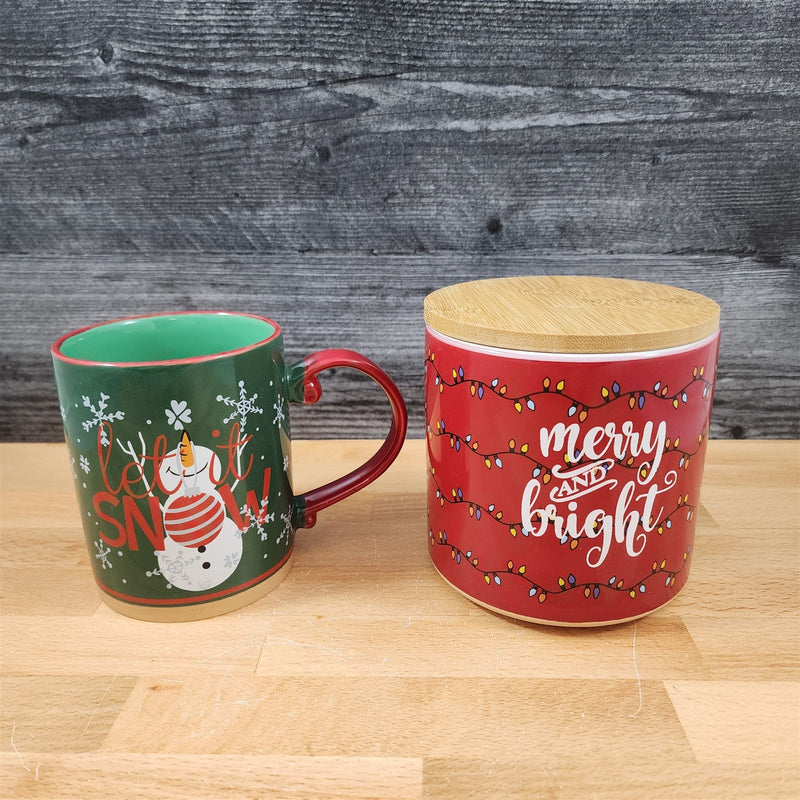 Load image into Gallery viewer, Snowman Mug and Merry & Bright Canister Set Christmas Cocoa Ceramic Blue Sky