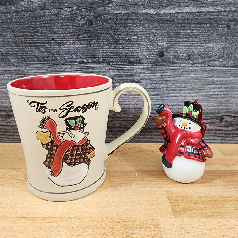 Load image into Gallery viewer, Buffalo Check Snowman Holiday 16 oz Mug and Ornament Set Ceramic Blue Sky