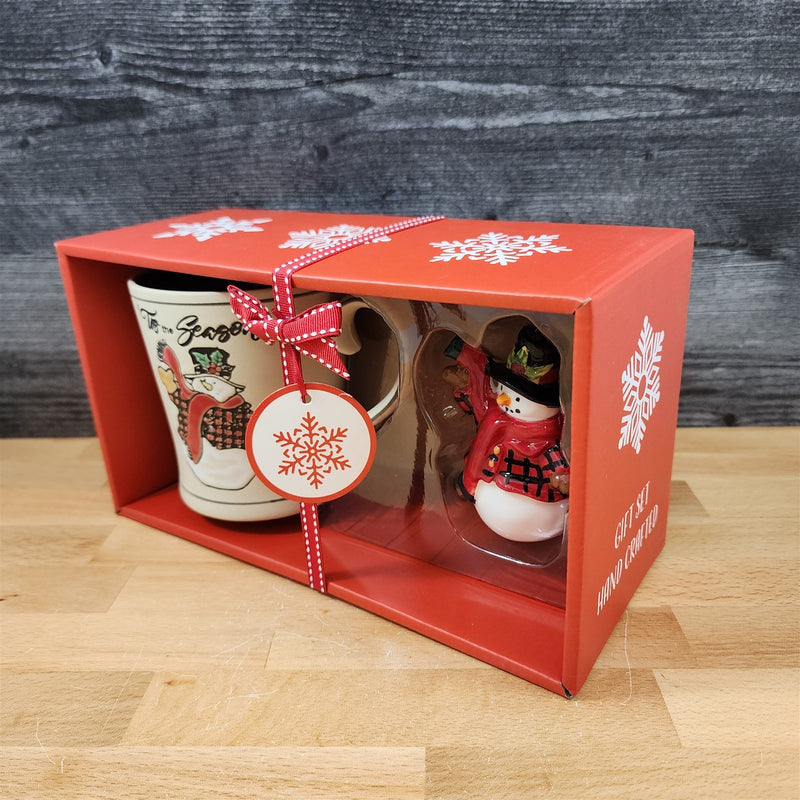 Load image into Gallery viewer, Buffalo Check Snowman Holiday 16 oz Mug and Ornament Set Ceramic Blue Sky