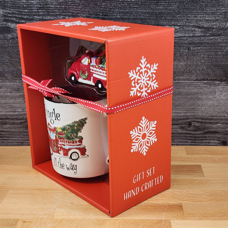 Load image into Gallery viewer, Christmas Fire Truck Mug & Matching Ornament Set Holiday with Gift Box Blue Sky