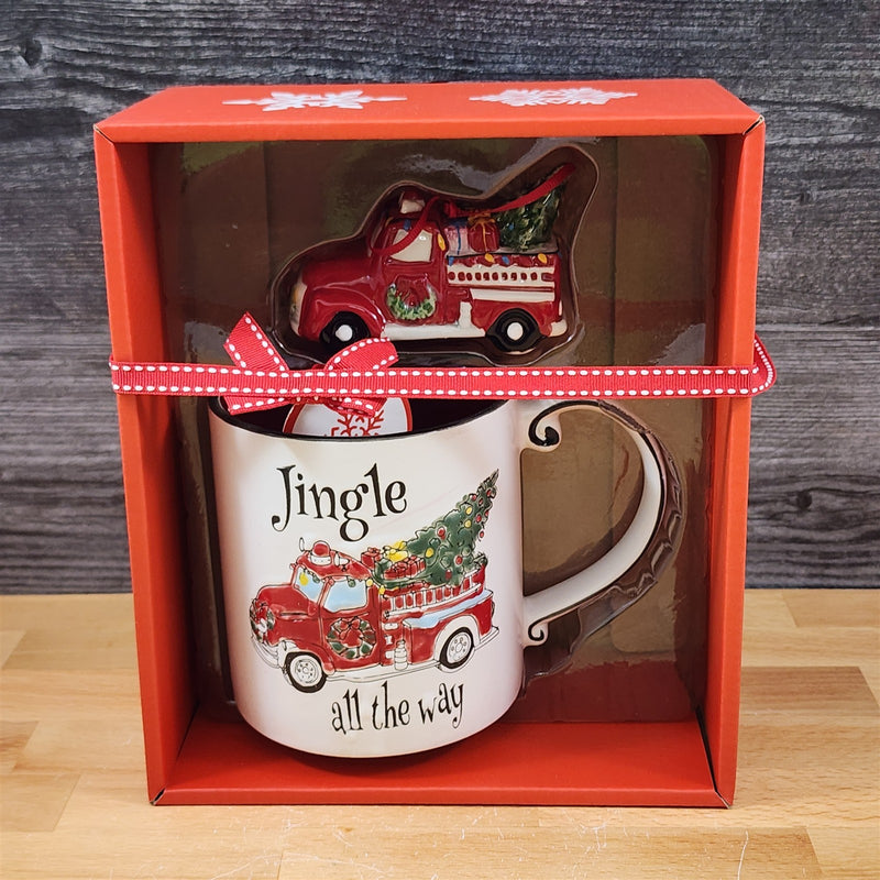 Load image into Gallery viewer, Christmas Fire Truck Mug & Matching Ornament Set Holiday with Gift Box Blue Sky