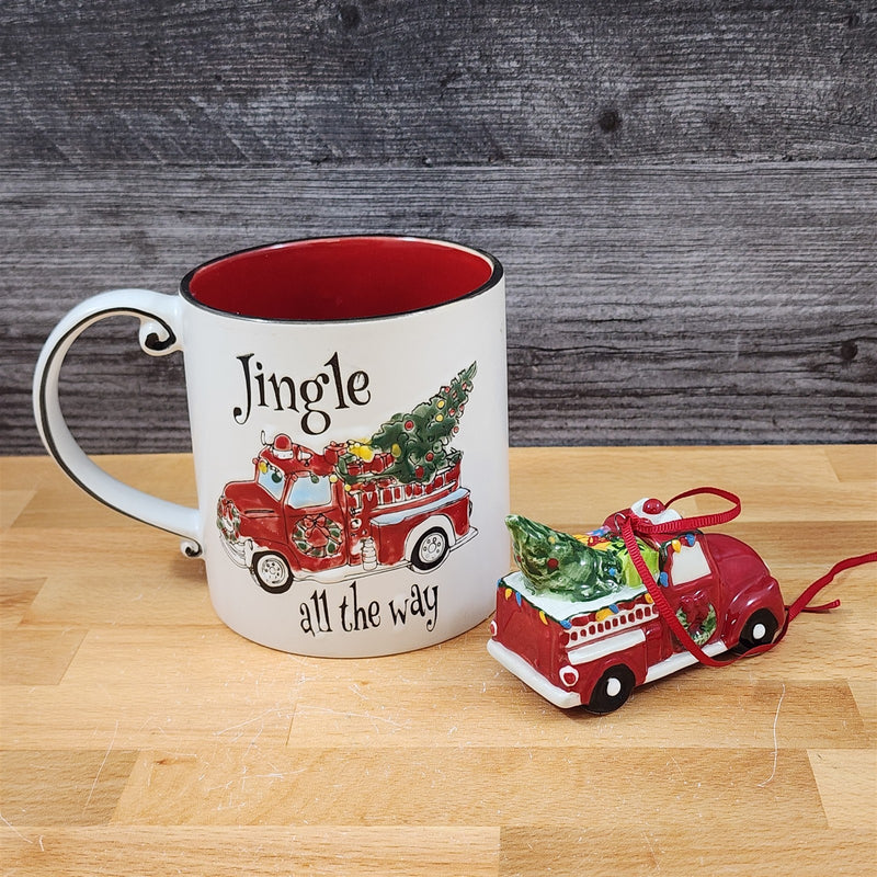 Load image into Gallery viewer, Christmas Fire Truck Mug & Matching Ornament Set Holiday with Gift Box Blue Sky