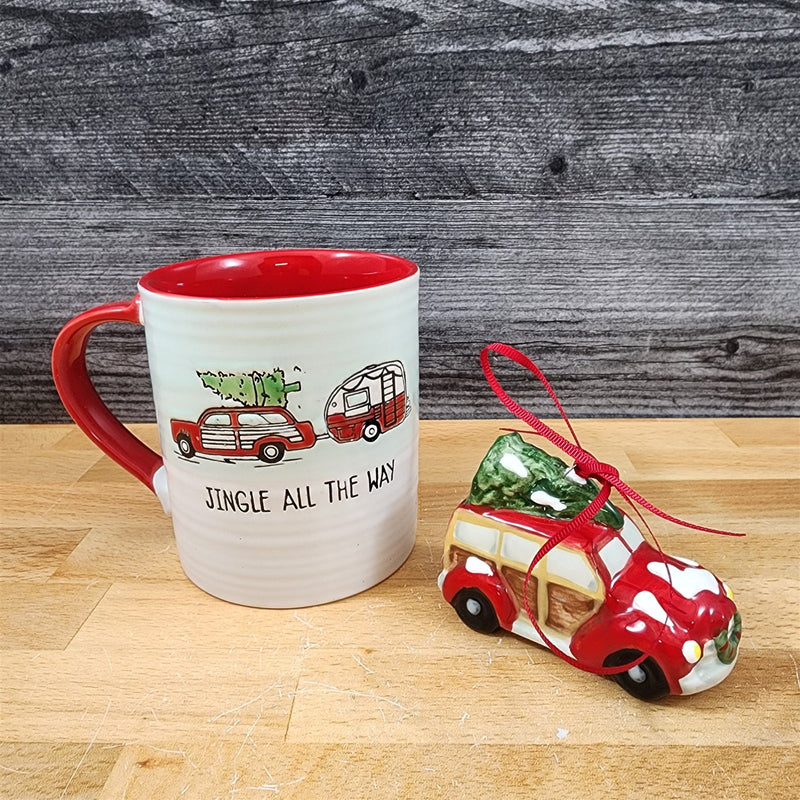 Load image into Gallery viewer, Retro Christmas Car Mug & Matching Ornament Set Holiday with Gift Box Blue Sky