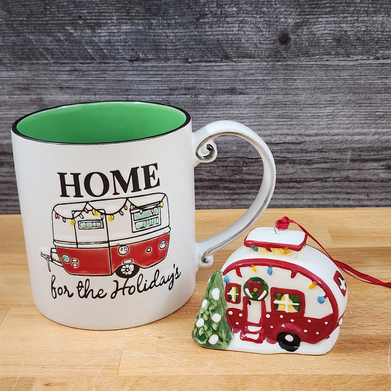 Load image into Gallery viewer, Retro Christmas Camper Mug & Matching Ornament Set Holiday & Gift Box Blue Sky