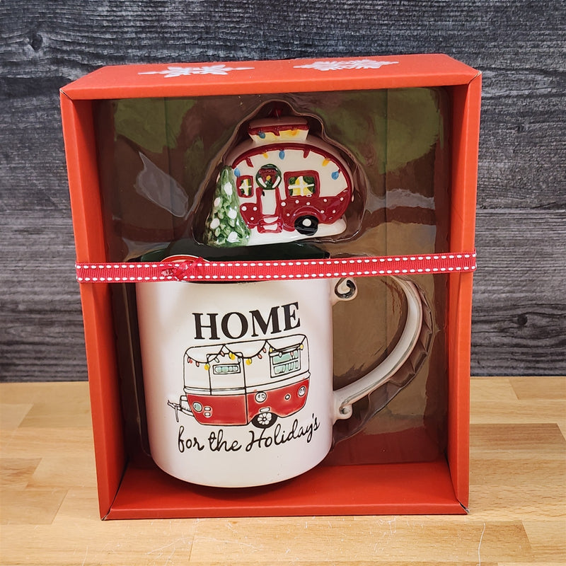 Load image into Gallery viewer, Retro Christmas Camper Mug & Matching Ornament Set Holiday & Gift Box Blue Sky